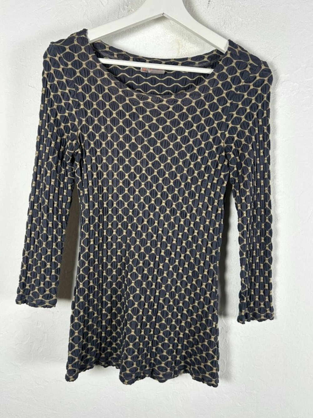 Tianello Womens Blue & Beige Geometric Pattern Textured Knit 3/4 Sleeve Top XS